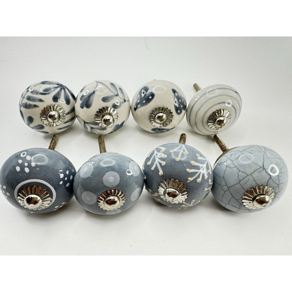 Blue Gray Ceramic Drawer Knobs Set 8 Floral Cabinet Pulls Farmhouse Cottage - Picture 4 of 5
